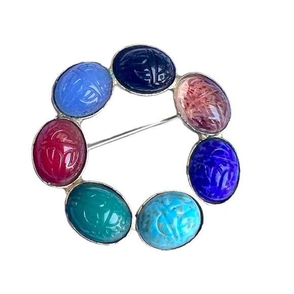 Vintage Scarab Brooch Silver Tone Semi Precious Stones Egyptian Revival Jewelry - Picture 3 of 8